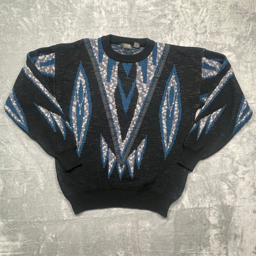 Stefano‎ Man Sweater Mens XL Black Blue Geometric Vintage 90s Acrylic Pullover